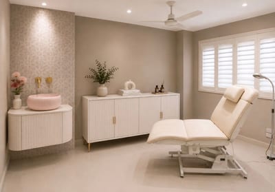 Client receiving red and blue LED light therapy on the face in a clinical treatment room